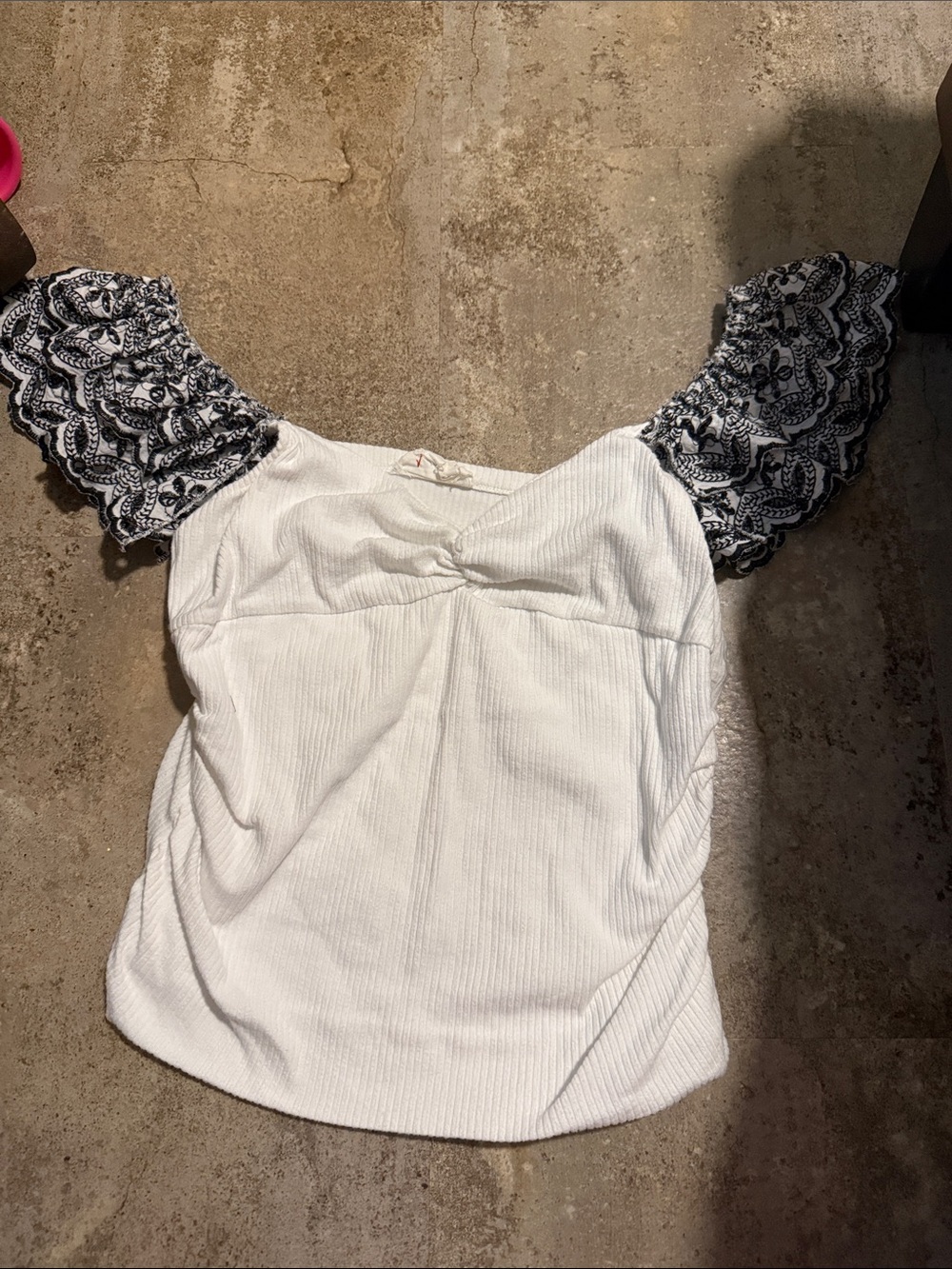 Anthropologie White Ribbed Top with Black Lace Puff Sleeves